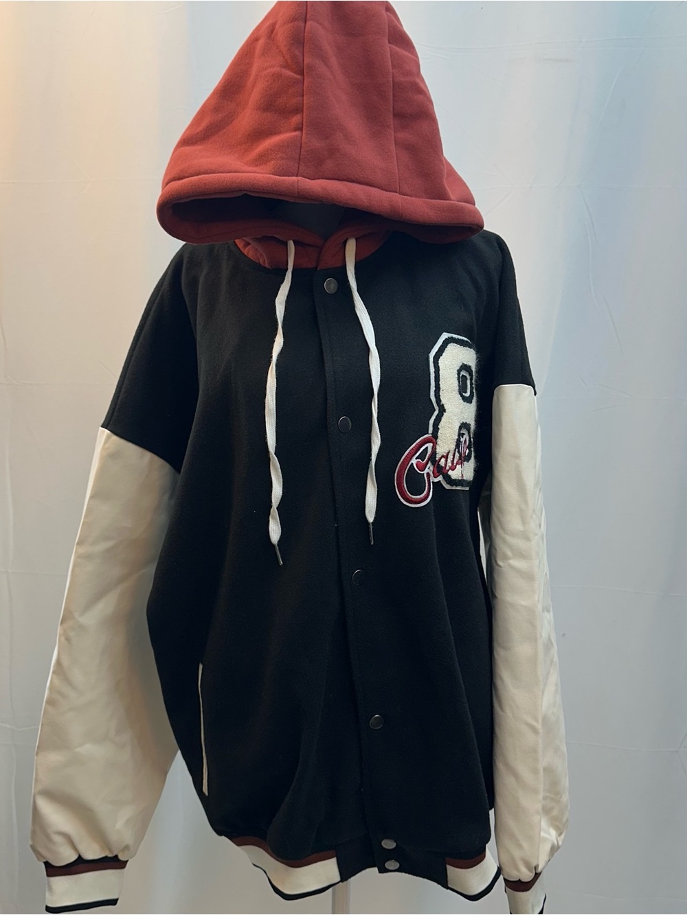 Boohoo Men’s Black, Rust and cream Hooded Varsity Jacket M